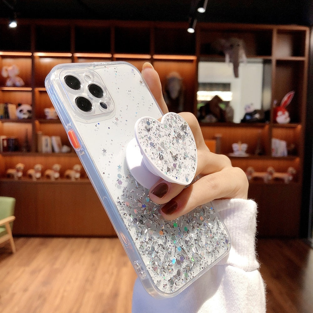 Buy 1 Get 1 Free Sequins Glitter Case with Love Stand for iPhone